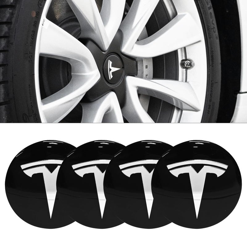 Knomix 4 عبوات من الألومنيوم المقاوم للماء لغطاء العجلة ملصق شعار مركزي لطراز Tesla 3 موديل Y 56 مم Hubcaps غطاء حافة العجلة (خلفية سوداء + شعار فضي) - Image 3
